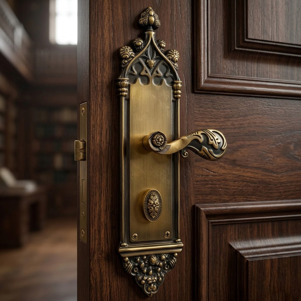 Kronos Plate with Demeter Solid Handle & AIOM Knob – Brass Door Lockset 415 mm x 85 mm (16.34" x 3.34")