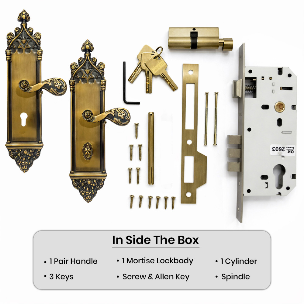 Kronos Plate with Demeter Solid Handle & AIOM Knob – Brass Door Lockset 415 mm x 85 mm (16.34" x 3.34")