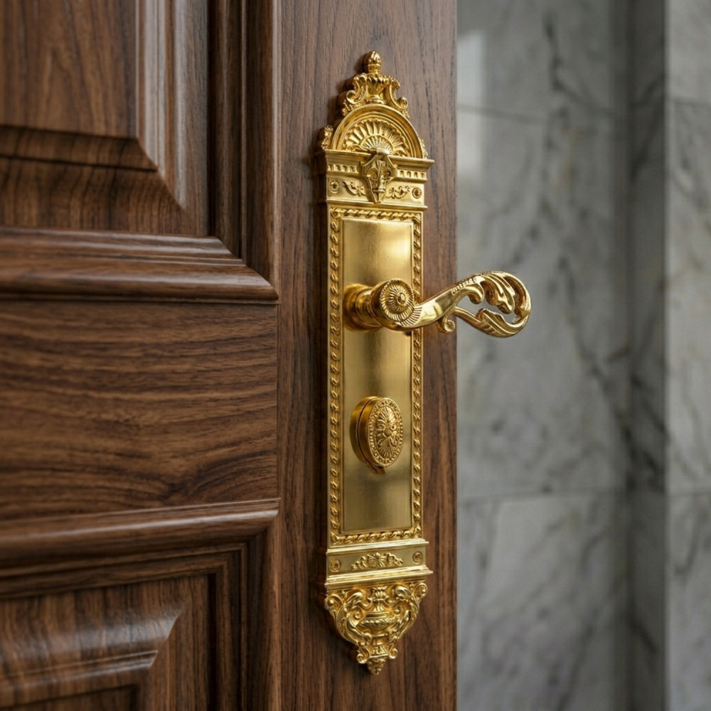 Zeus Plate with Demeter Handle & AIOM Knob – Brass Door Lockset 415 mm x 85 mm (16.34" x 3.34")