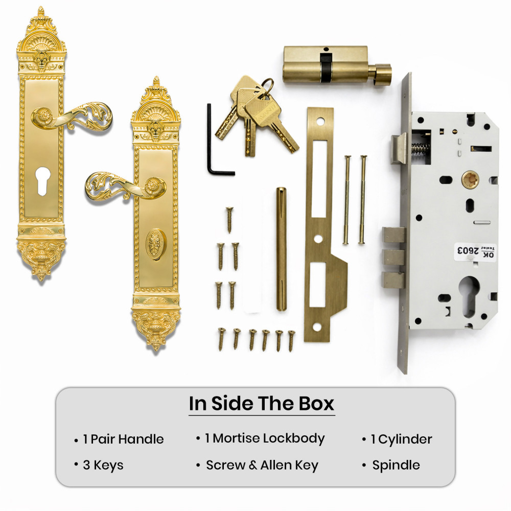 Zeus Plate with Demeter Handle & AIOM Knob – Brass Door Lockset 415 mm x 85 mm (16.34" x 3.34")