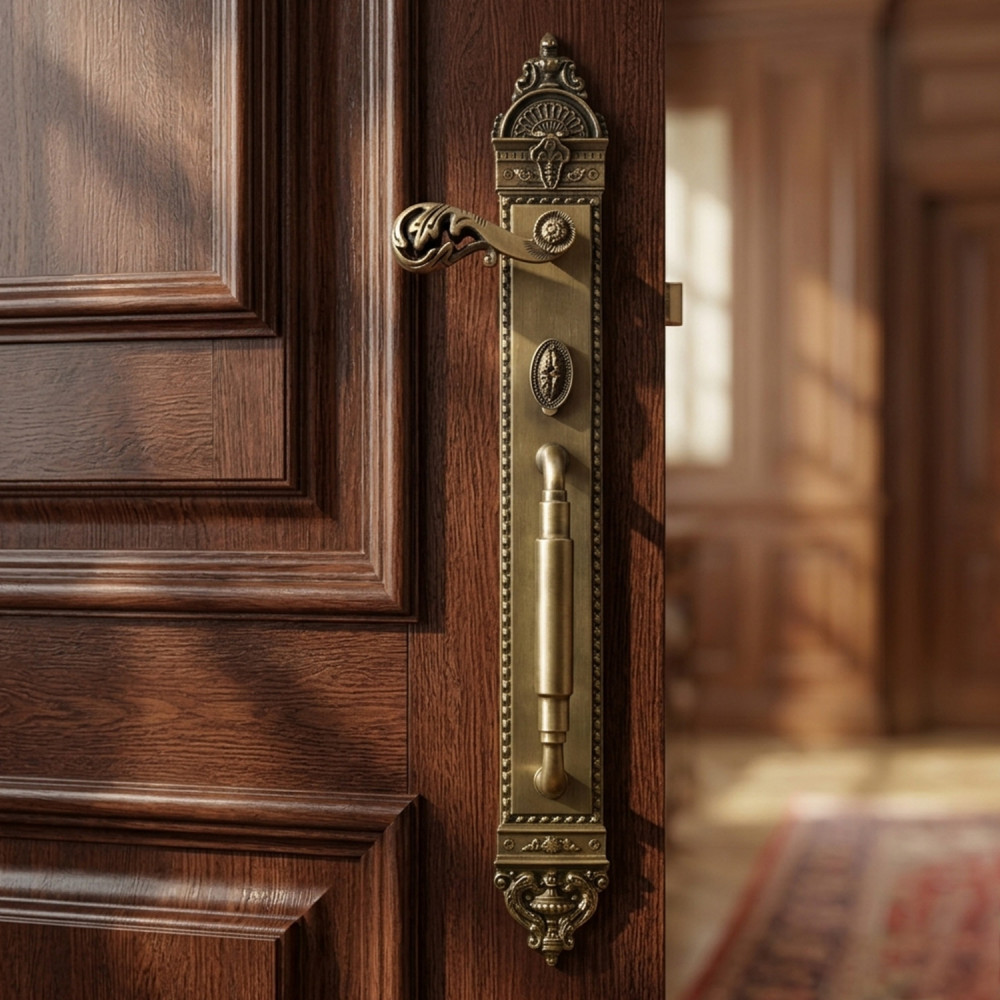 Zeus Plate with Demeter Solid Handle, AIOM Knob & NYX Pull Handle Brass Lockset – 594 mm x 67 mm (23.39" x 2.64")