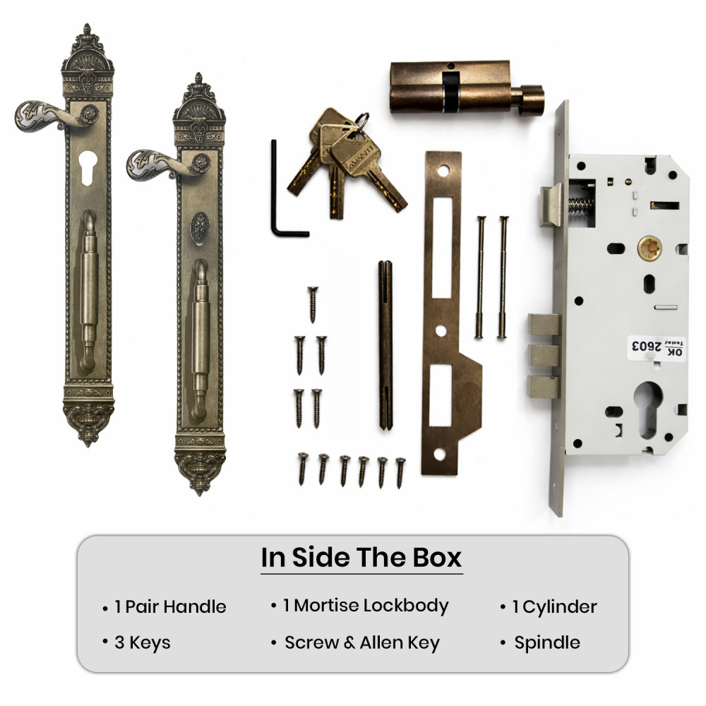Zeus Plate with Demeter Solid Handle, AIOM Knob & NYX Pull Handle Brass Lockset – 594 mm x 67 mm (23.39" x 2.64")