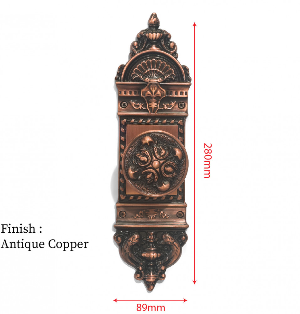 Zeus Plate (P1) + Delos Knob (K5) + Lock & Key – Antique Copper Finish 280 mm (11")
