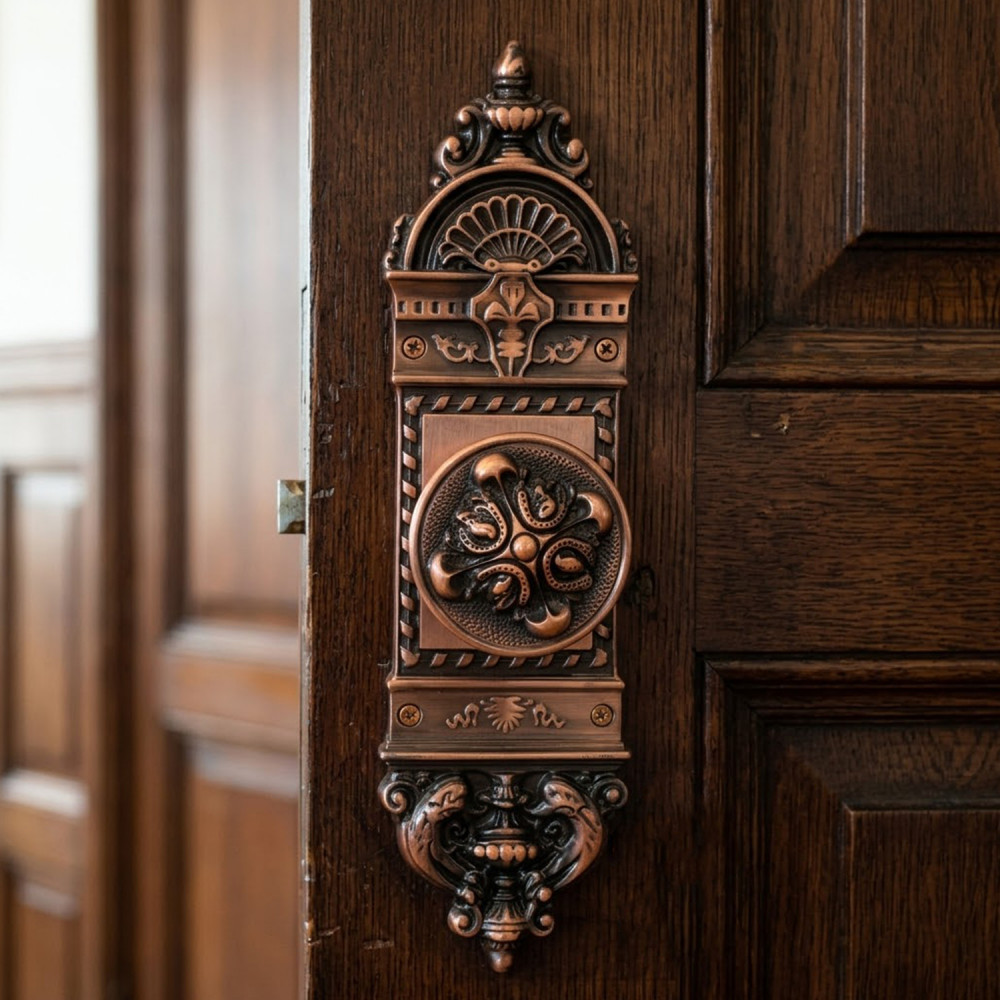 Zeus Plate (P1) + Delos Knob (K5) + Lock & Key – Antique Copper Finish 280 mm (11")