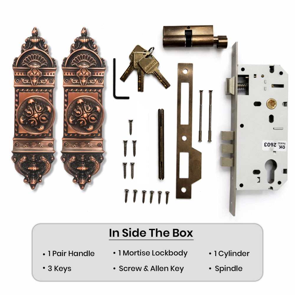 Zeus Plate (P1) + Delos Knob (K5) + Lock & Key – Antique Copper Finish 280 mm (11")