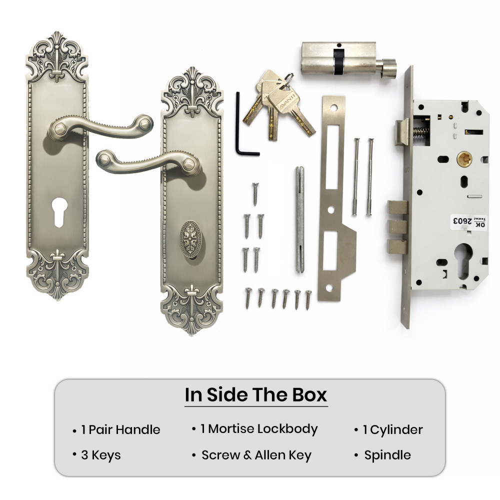 Helios Plate with Astria Handle & AIOM Knob – Brass Door Lockset 327 mm x 77 mm (12.87" x 3.03")
