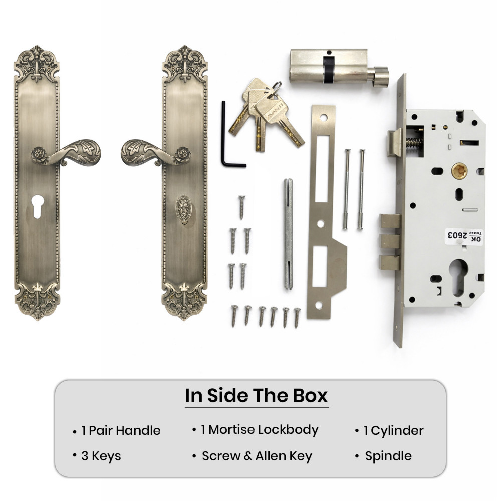 Helios Plate with Demeter Solid Handle & AIOM Knob – Brass Door Lockset 457 mm (18")