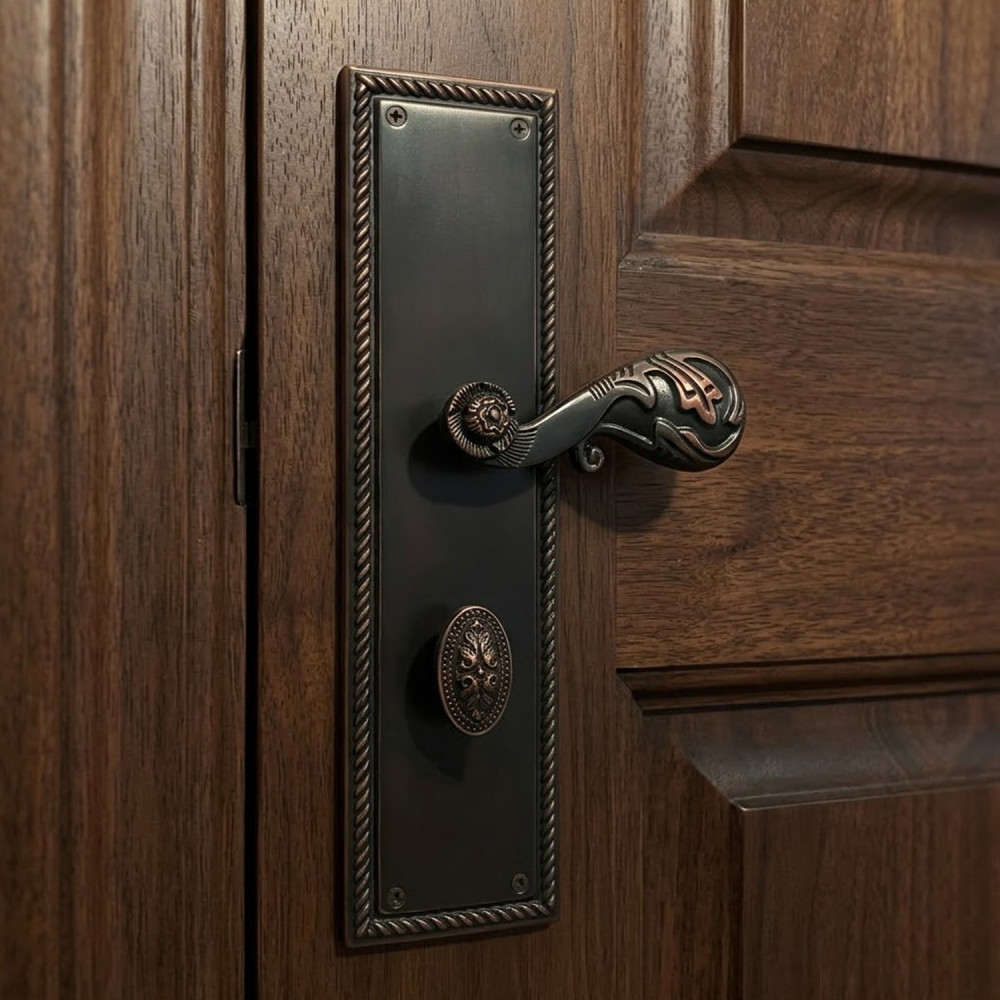 Georgia Plate with Demeter Solid Handle & AIOM Knob – Brass Door Lockset 307 mm x 79 mm (12.09" x 3.11")