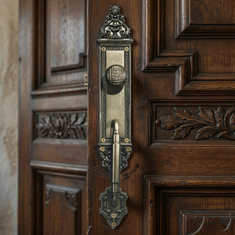 Romulus Plate with Nyx Pull Handle, Oceanus Knob & NESOI Base Plate – Brass Door Set 453 mm x 80 mm (17.83" x 3.13")