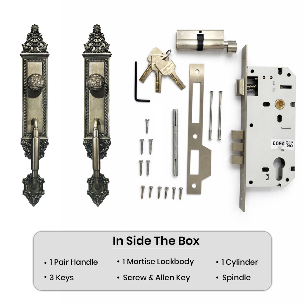 Romulus Plate with Nyx Pull Handle, Oceanus Knob & NESOI Base Plate – Brass Door Set 453 mm x 80 mm (17.83" x 3.13")