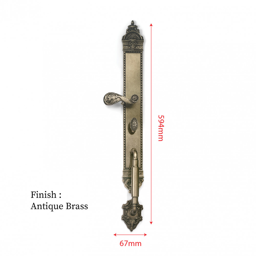 Zeus Plate with Demeter Solid Handle, AIOM Knob, NYX Pull & NESOI Plate – Brass Door Lockset 594 mm x 67 mm (23.39" x 2.64")
