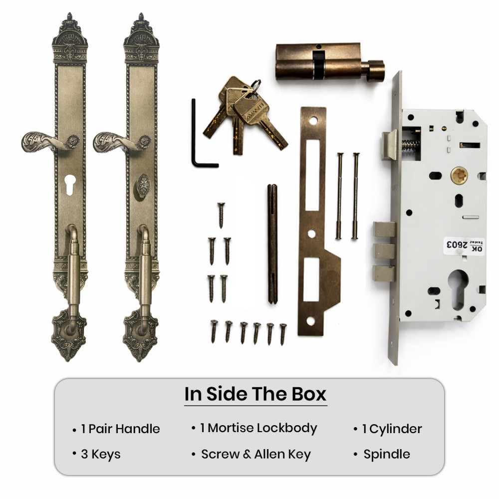 Zeus Plate with Demeter Solid Handle, AIOM Knob, NYX Pull & NESOI Plate – Brass Door Lockset 594 mm x 67 mm (23.39" x 2.64")
