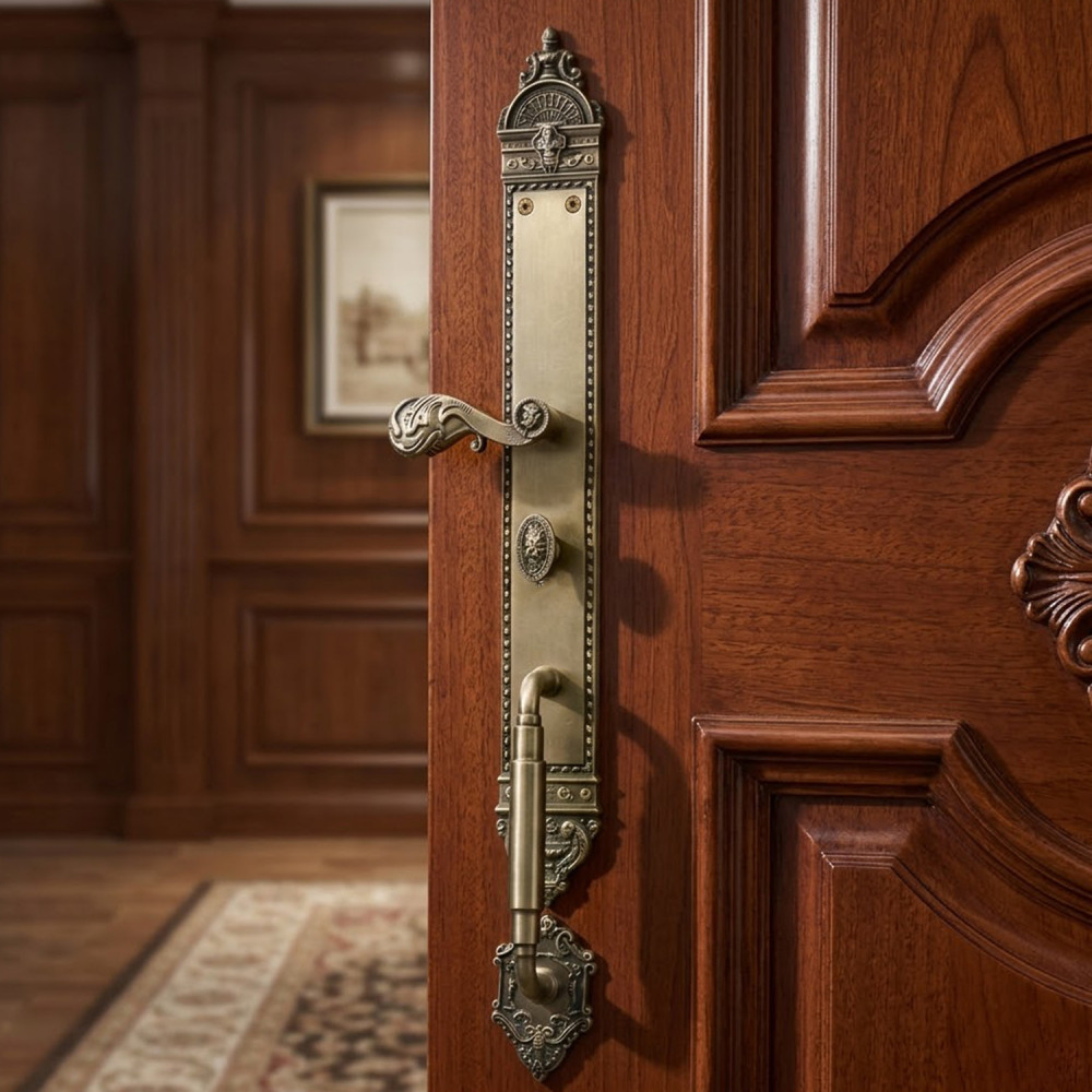 Zeus Plate with Demeter Solid Handle, AIOM Knob, NYX Pull & NESOI Plate – Brass Door Lockset 594 mm x 67 mm (23.39" x 2.64")