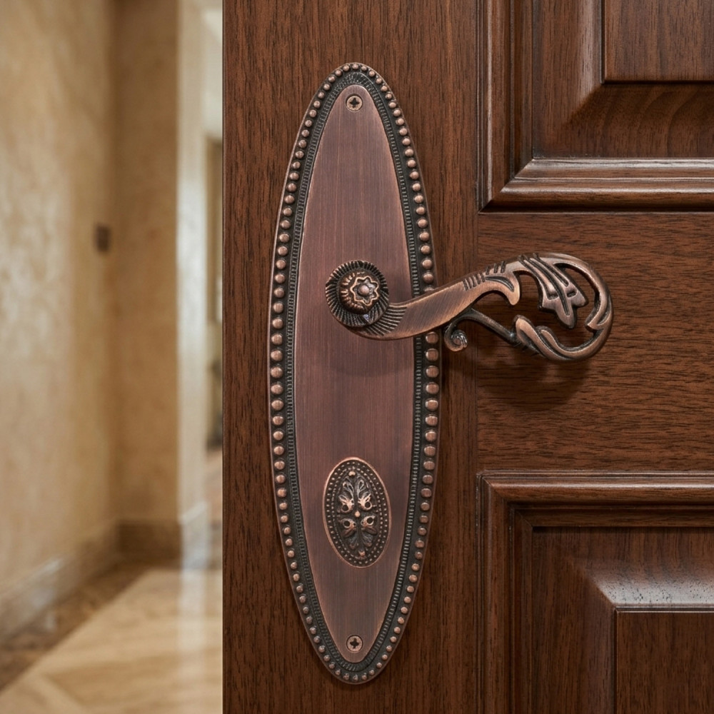 Poseidon Plate with Demeter Handle & AIOM Knob – Brass Door Lockset 253 mm x 72 mm (9.96" x 2.83")