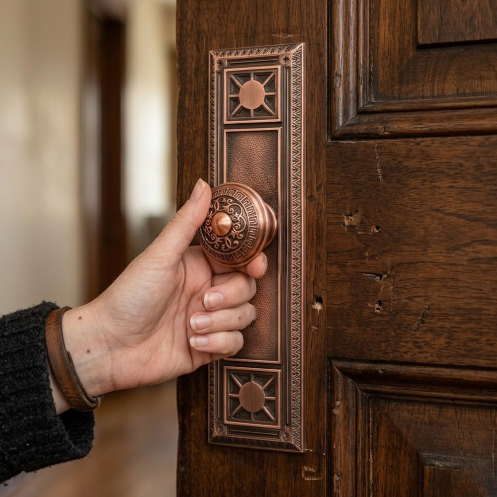 Delphi Plate with Hera Knob – Brass Door Lockset 259 mm x 78.5 mm (10.2" x 3.09")