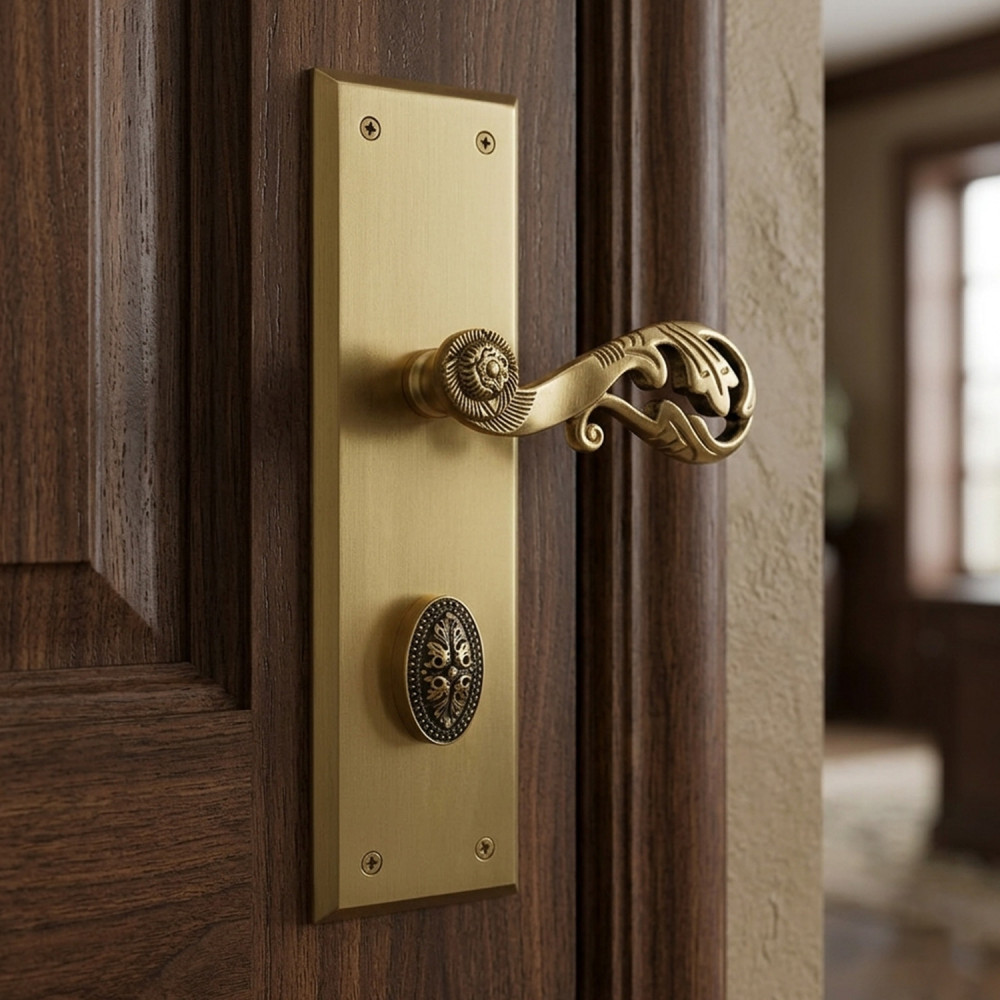 Atlas Plate with Demeter Handle & AIOM Knob – Brass Door Lockset 254 mm x 70.88 mm (10" x 2.79")