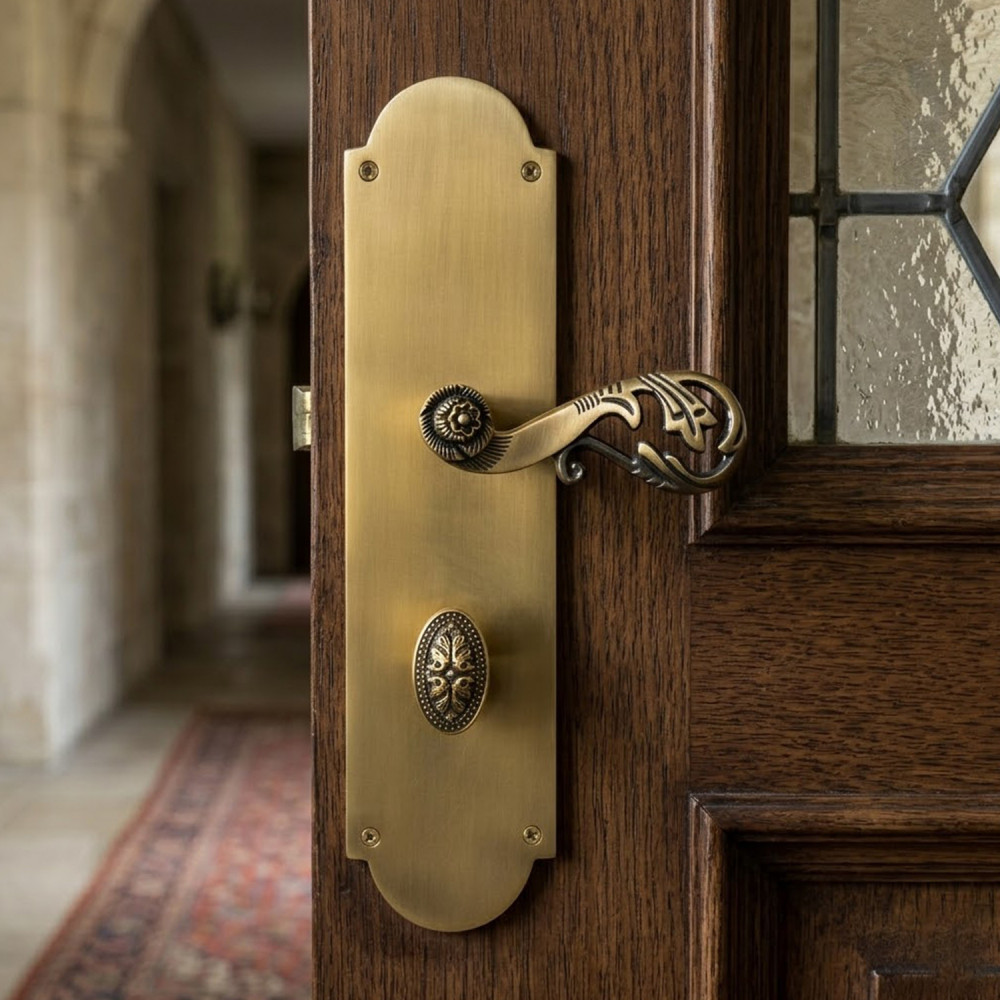 Uranus Plate with Demeter Handle & AIOM Knob – Brass Door Lockset 308 mm x 76.4 mm (12.13" x 3.01")