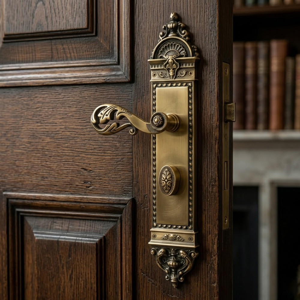 Zeus Plate with Dual AIOM Knobs – Brass Door Lockset 592 mm x 67 mm (23.3" x 2.64")