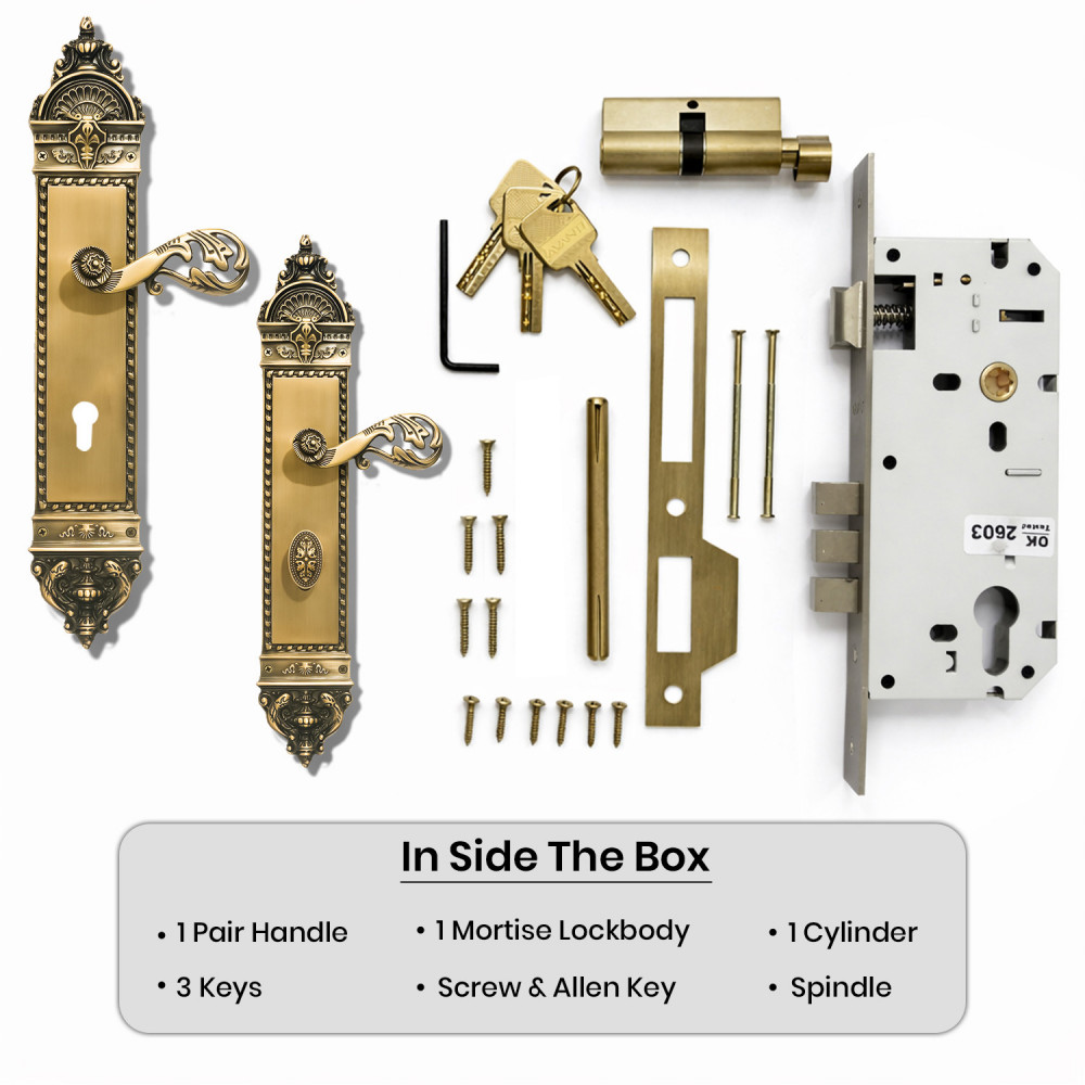 Zeus Plate with Dual AIOM Knobs – Brass Door Lockset 592 mm x 67 mm (23.3" x 2.64")